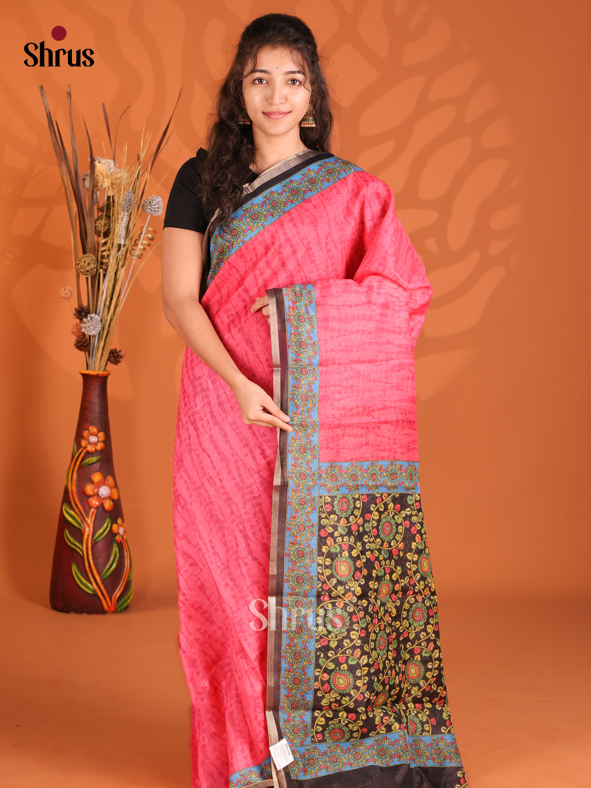 Pink & Black - Semi Maheshwari Print Saree