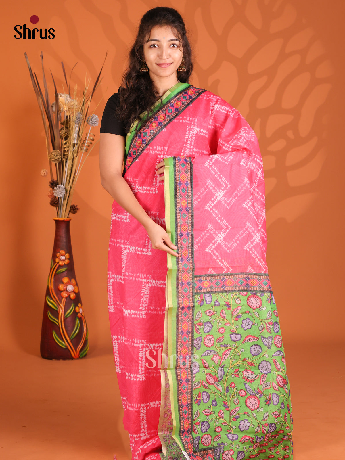 Pink & Green - Semi Maheshwari Print Saree