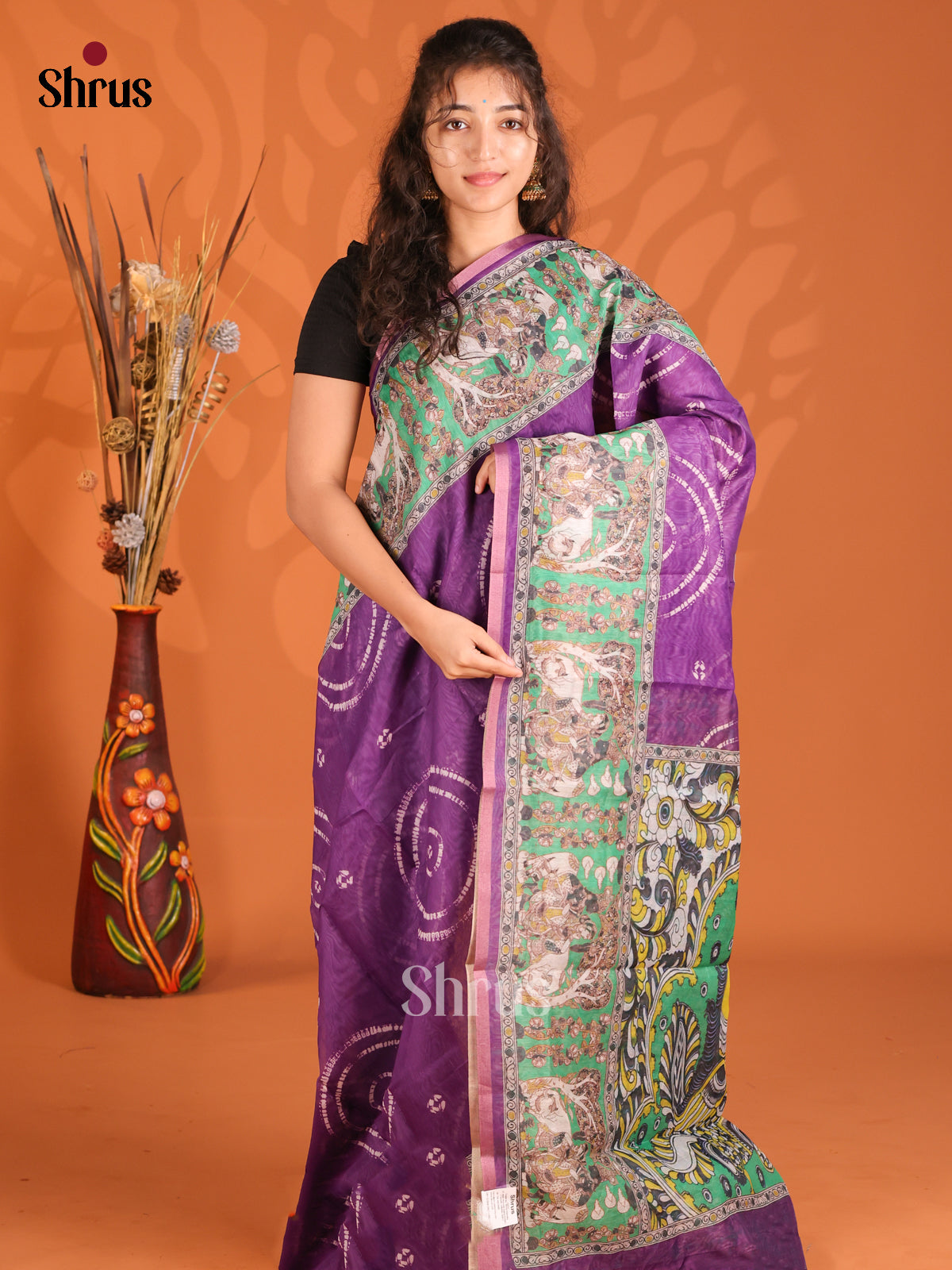 Violet & Green - Semi Maheshwari Print Saree