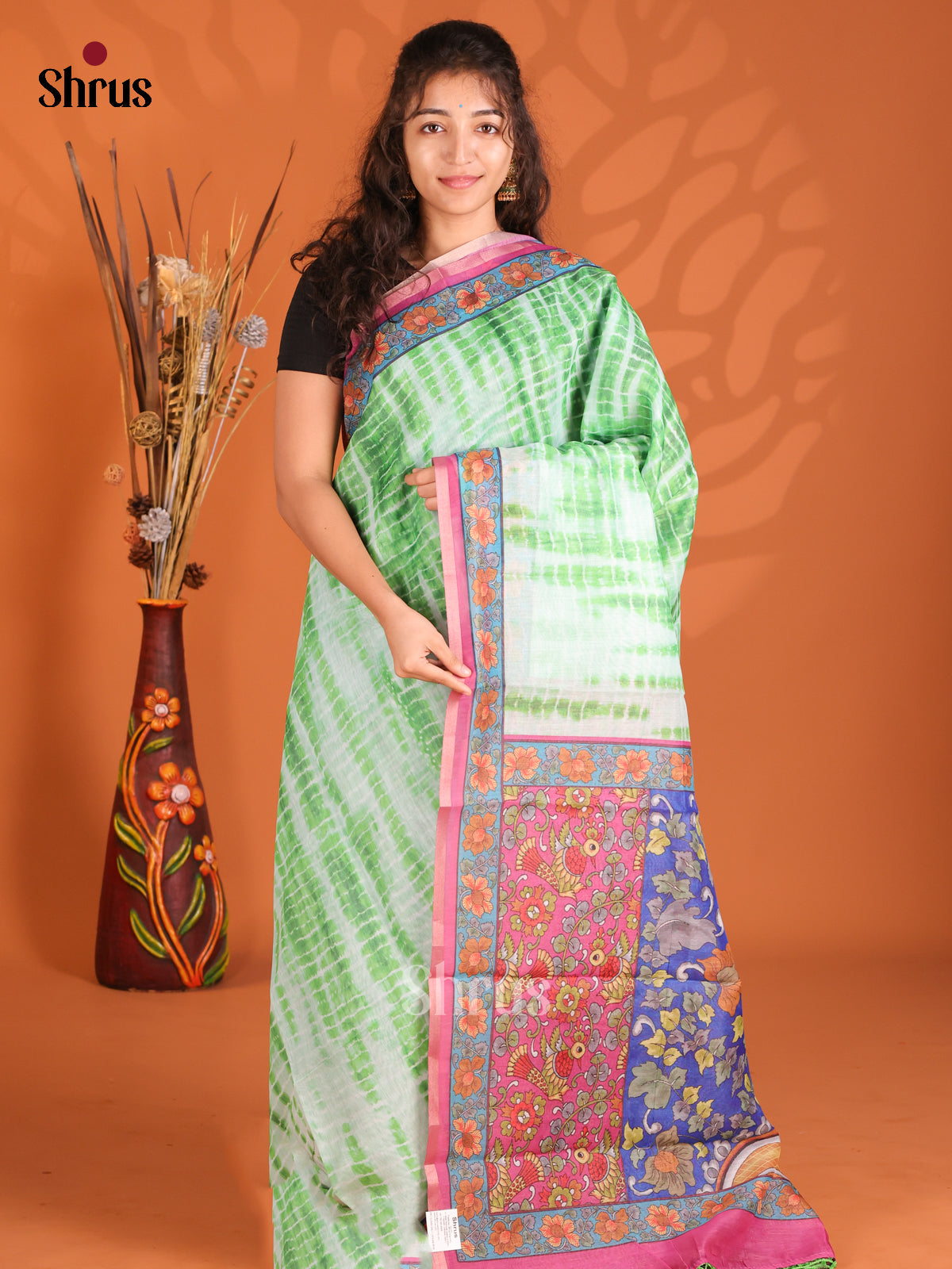 Light Green & Pink - Semi Maheshwari Print Saree