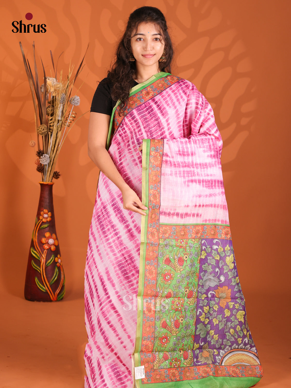 Pink & Green - Semi Maheshwari Print Saree