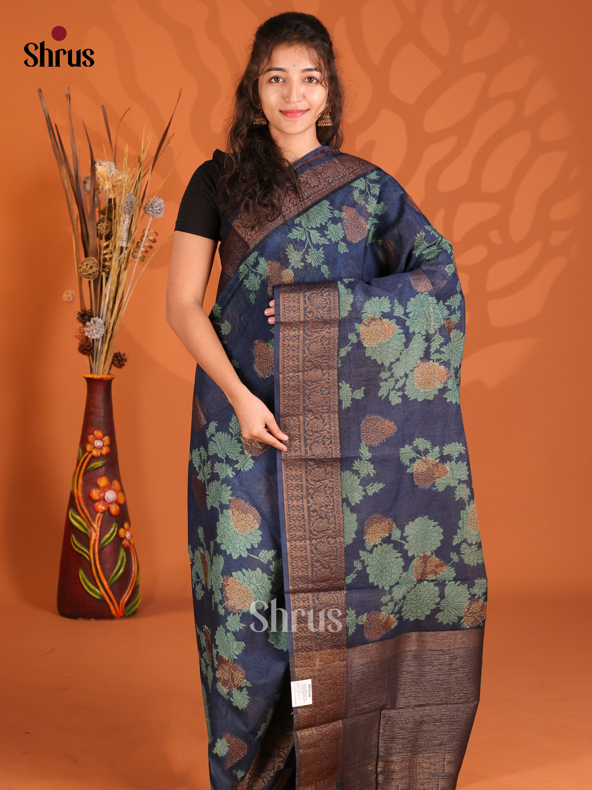 Blue - Semi Linen Printed Saree