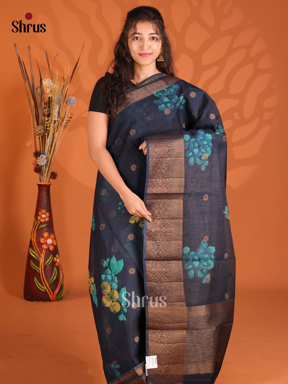 Blue - Semi Linen Printed Saree
