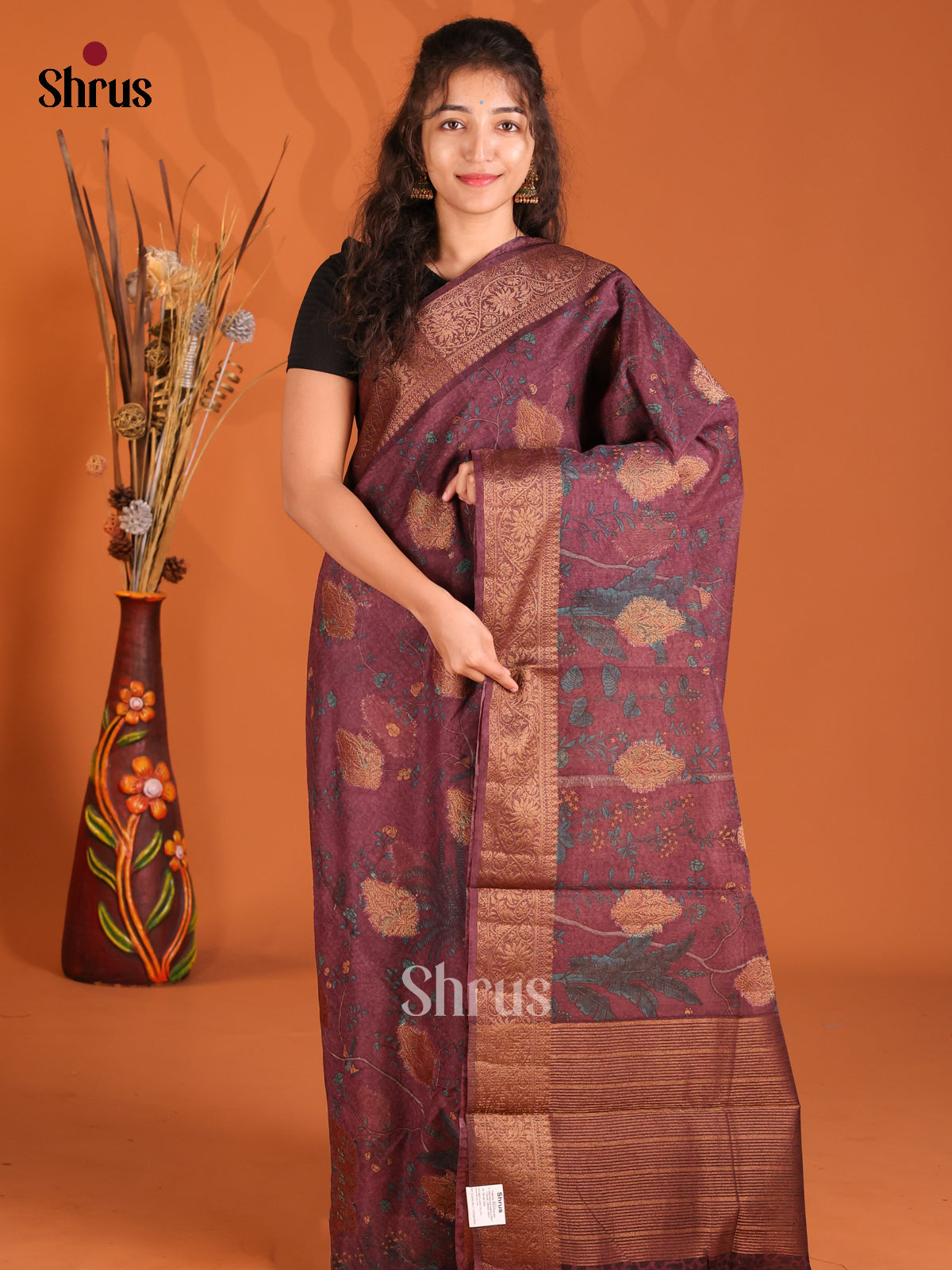 Purple -Semi Linen printed Saree - Shop on Shrus.com