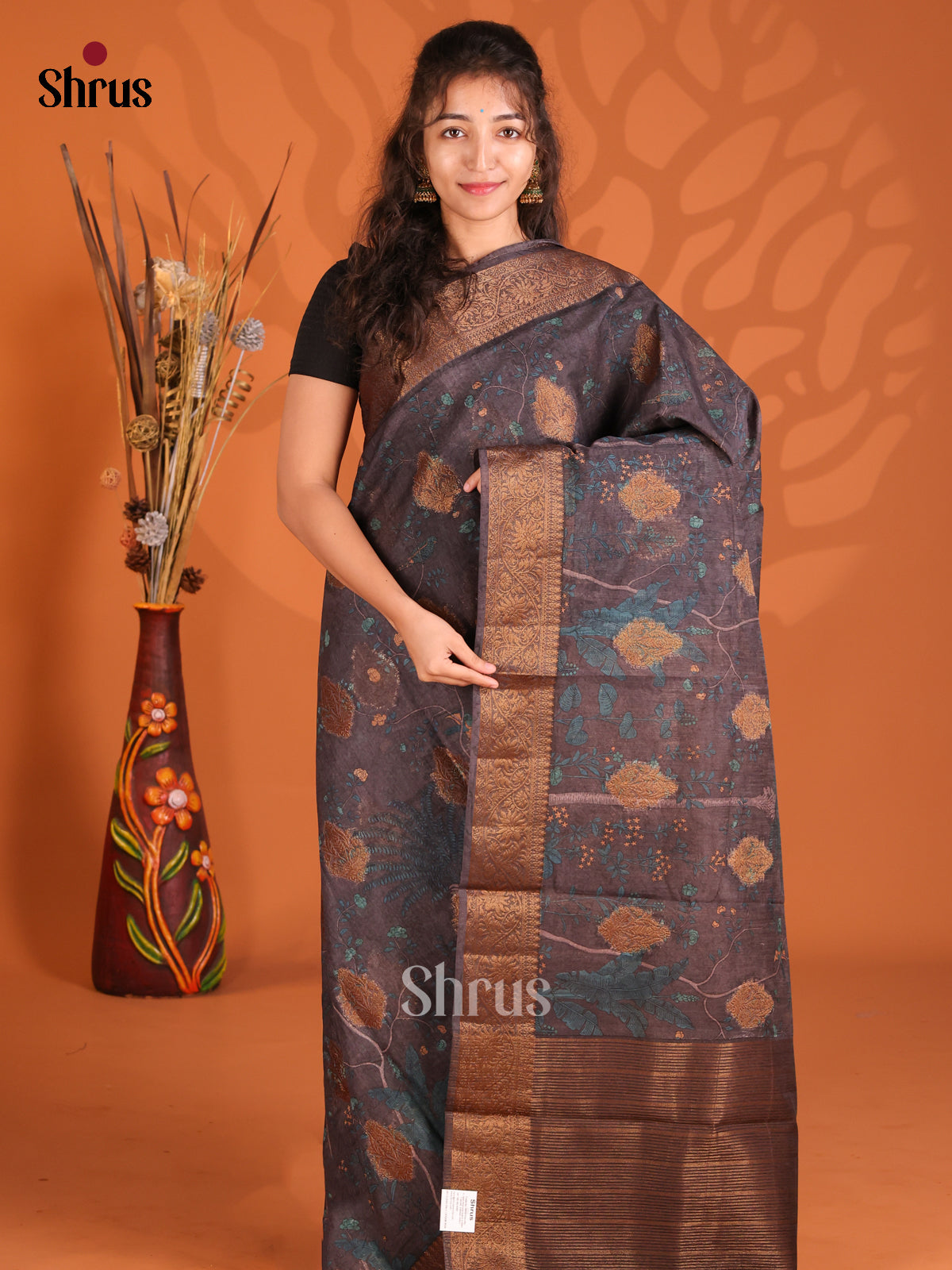 Elephant Black - Semi Linen Printed Saree - Shop on Shrus.com