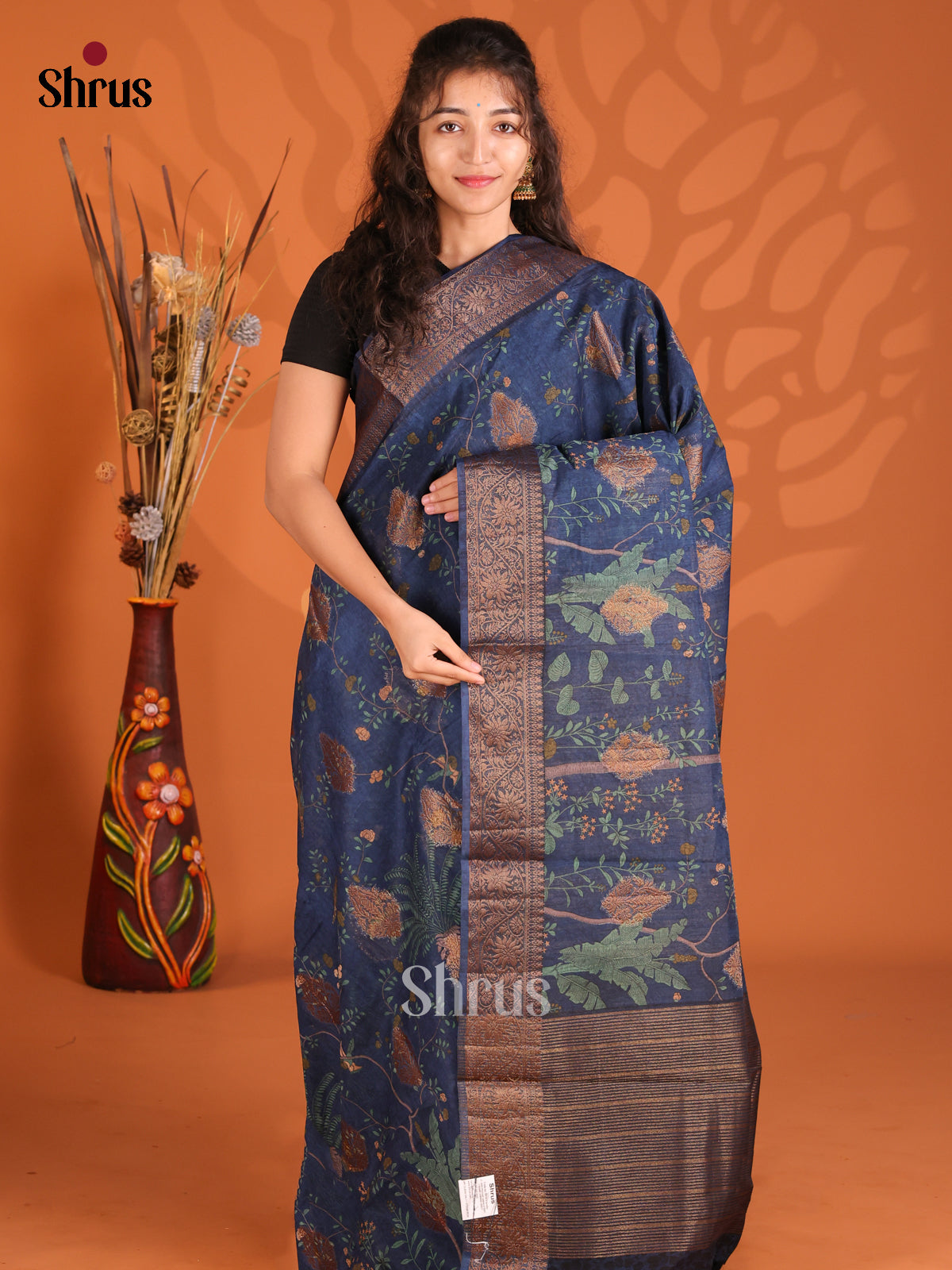 Blue -Semi Linen Printed Saree