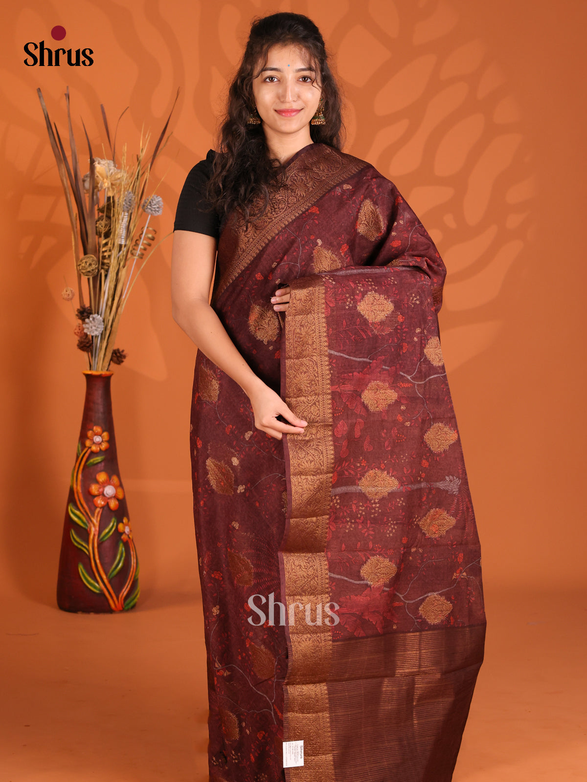 Maroon - Semi Linen Printed Saree - Shop on Shrus.com