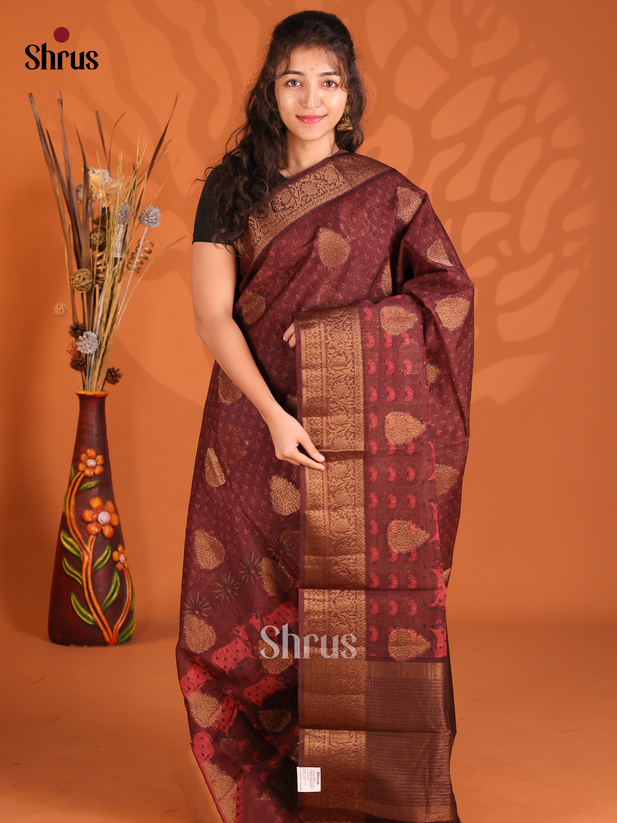 Maroon - Semi Linen printed Saree - Shop on Shrus.com