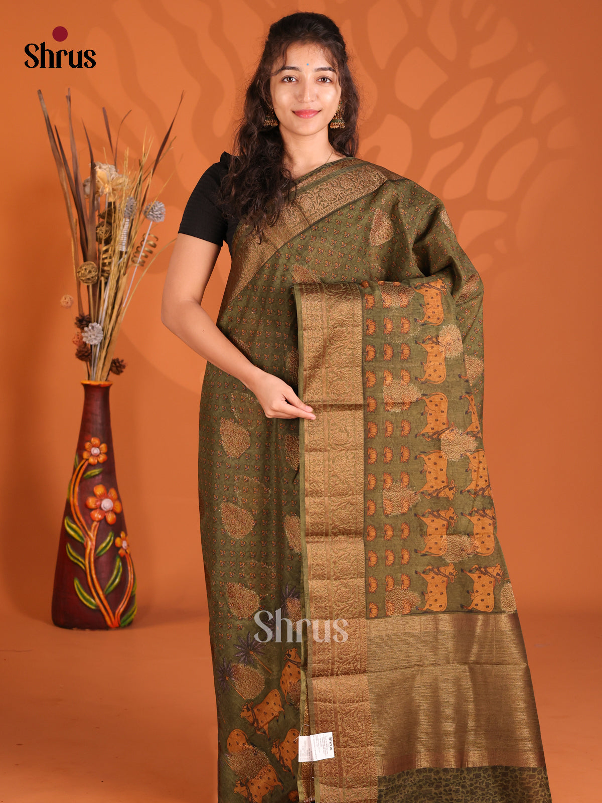 Green - Semi Linen printed Saree - Shop on Shrus.com