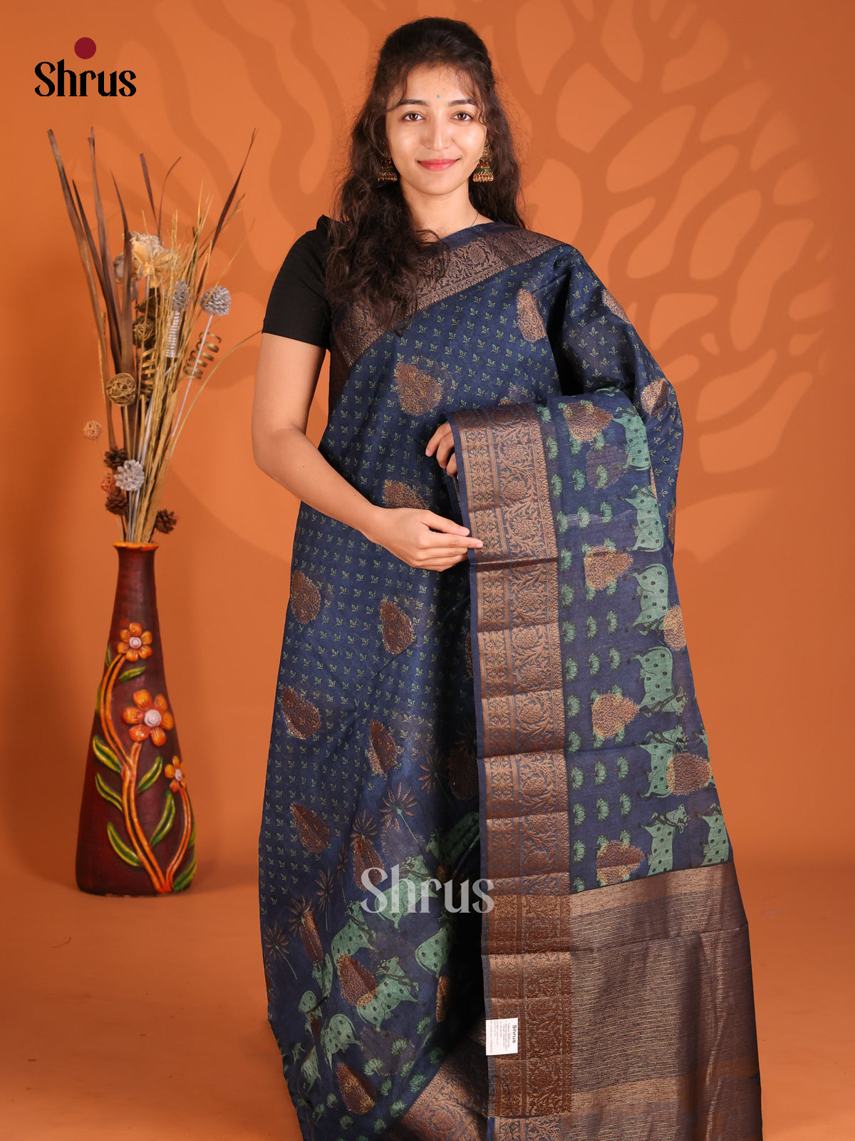 Blue - Semi Linen Printed Saree