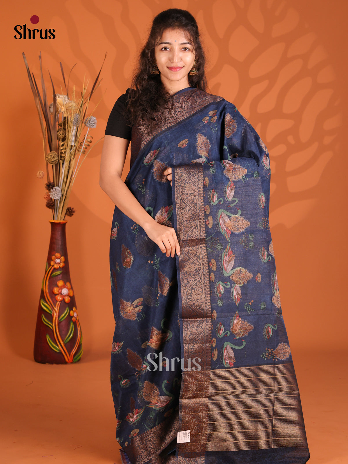 Blue - Semi Linen printed Saree