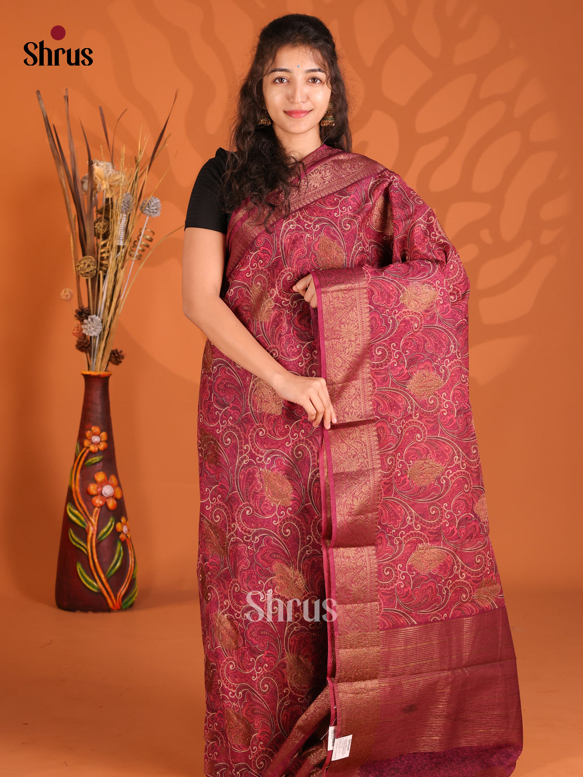 Maroon -Semi Linen printed Saree - Shop on Shrus.com