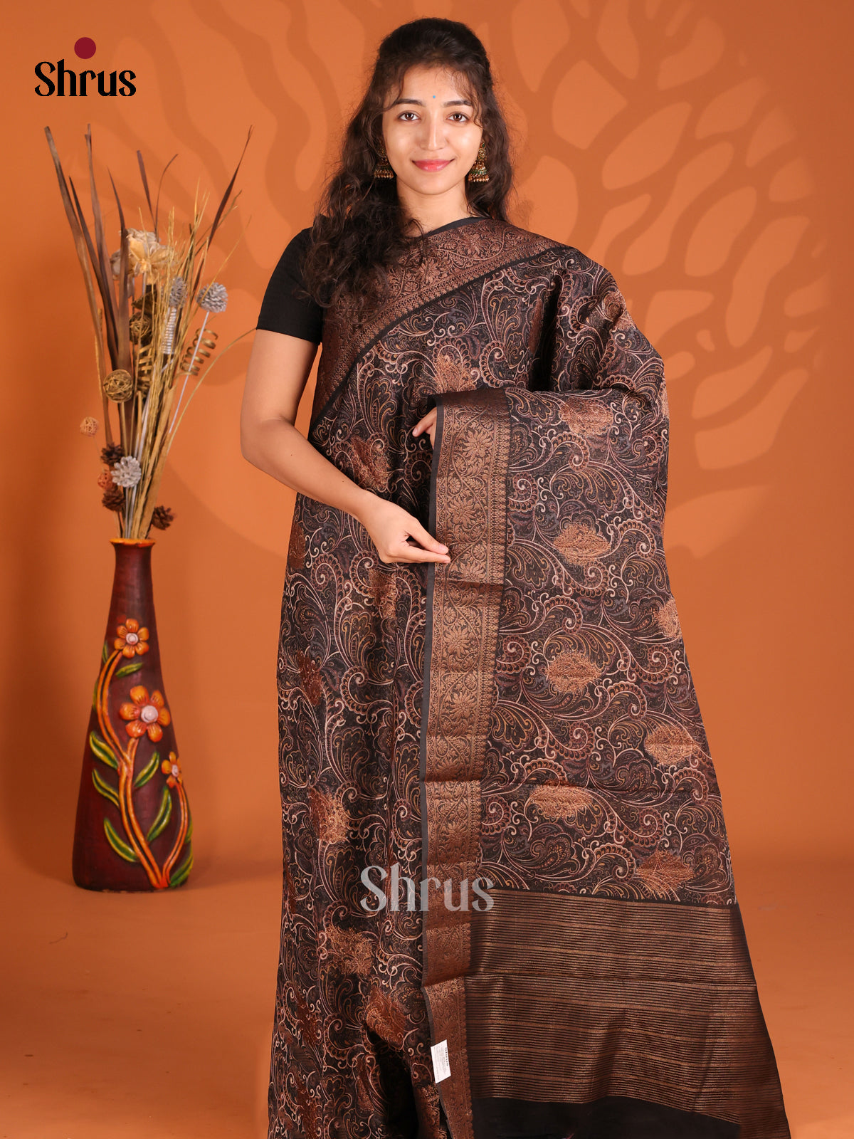 Black -Semi Linen printed Saree