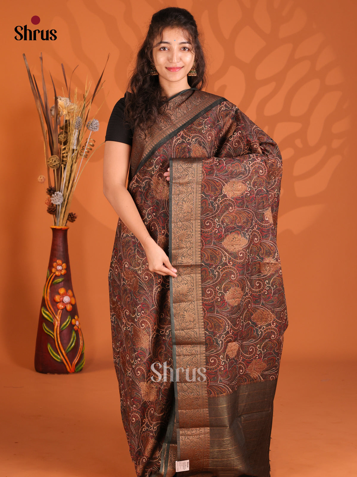 Brown & Black -Semi Linen printed Saree