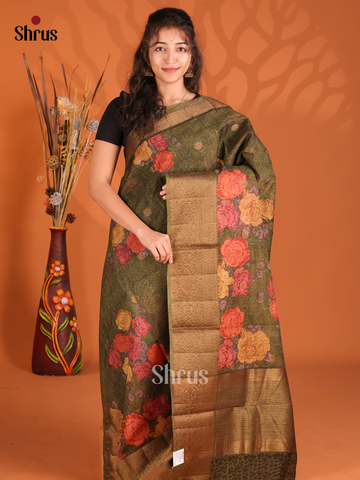 Green - Semi Linen Printed Saree - Shop on Shrus.com