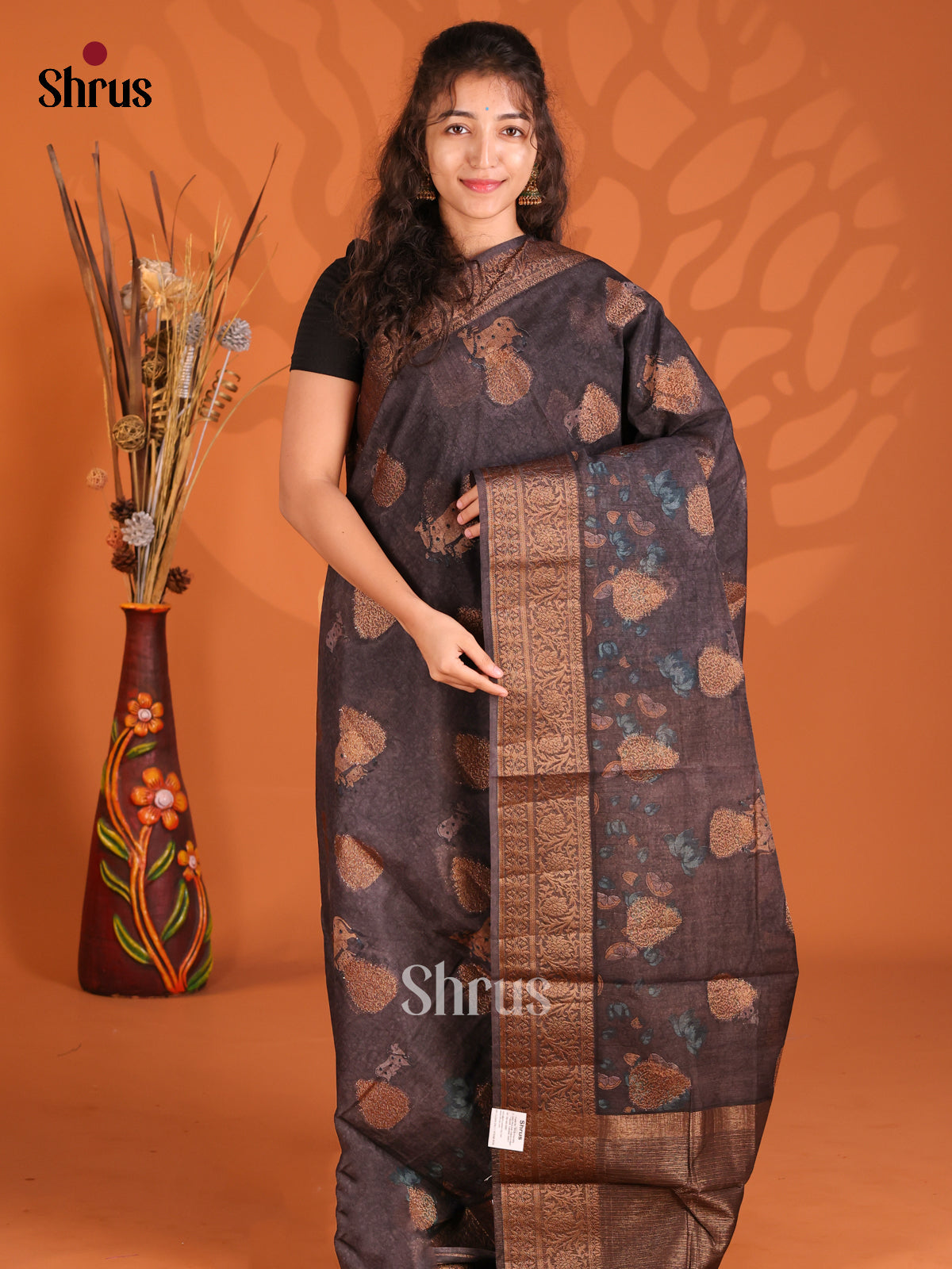 Black - Semi Linen printed Saree
