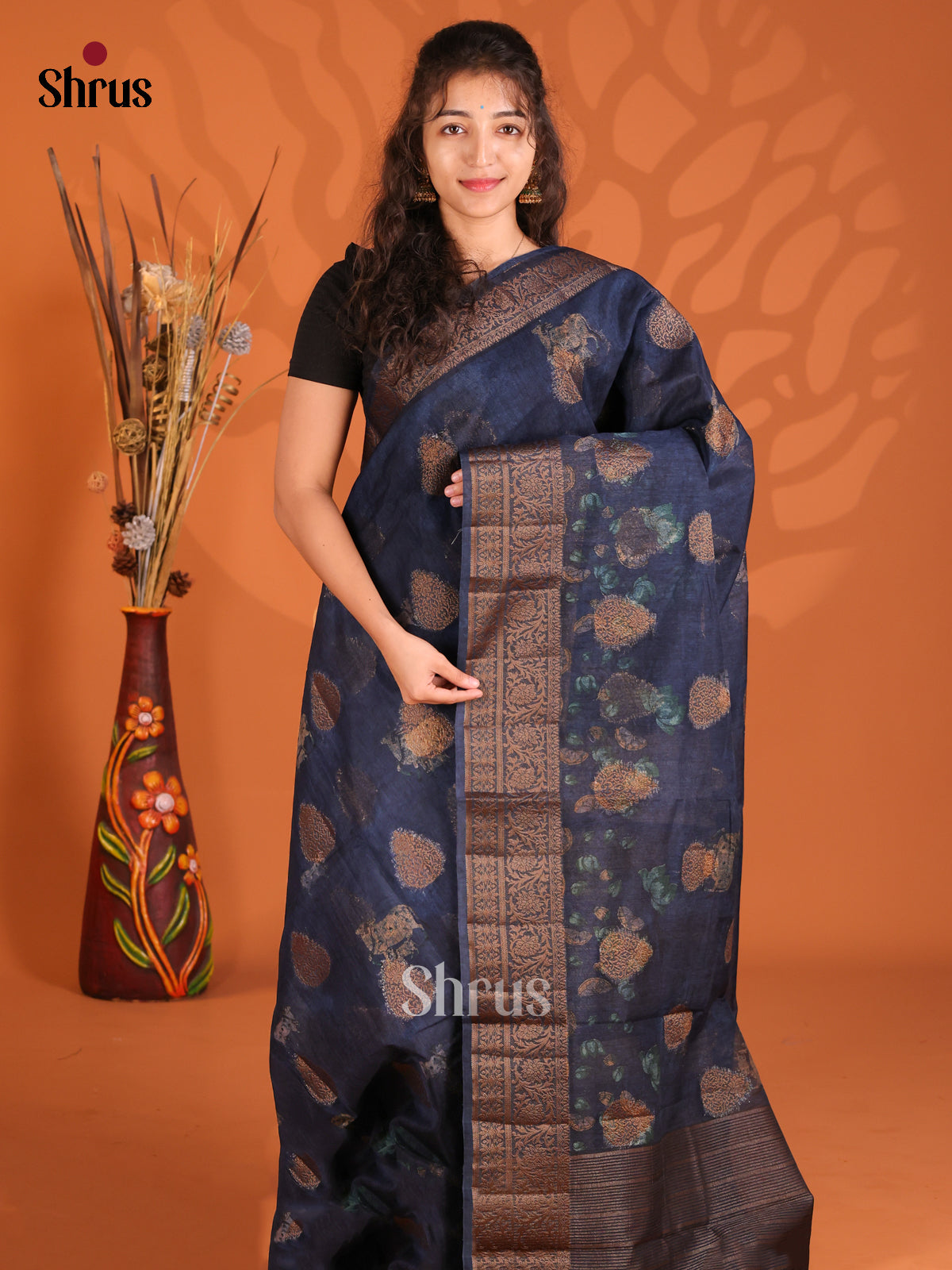 Blue - Semi Linen printed Saree