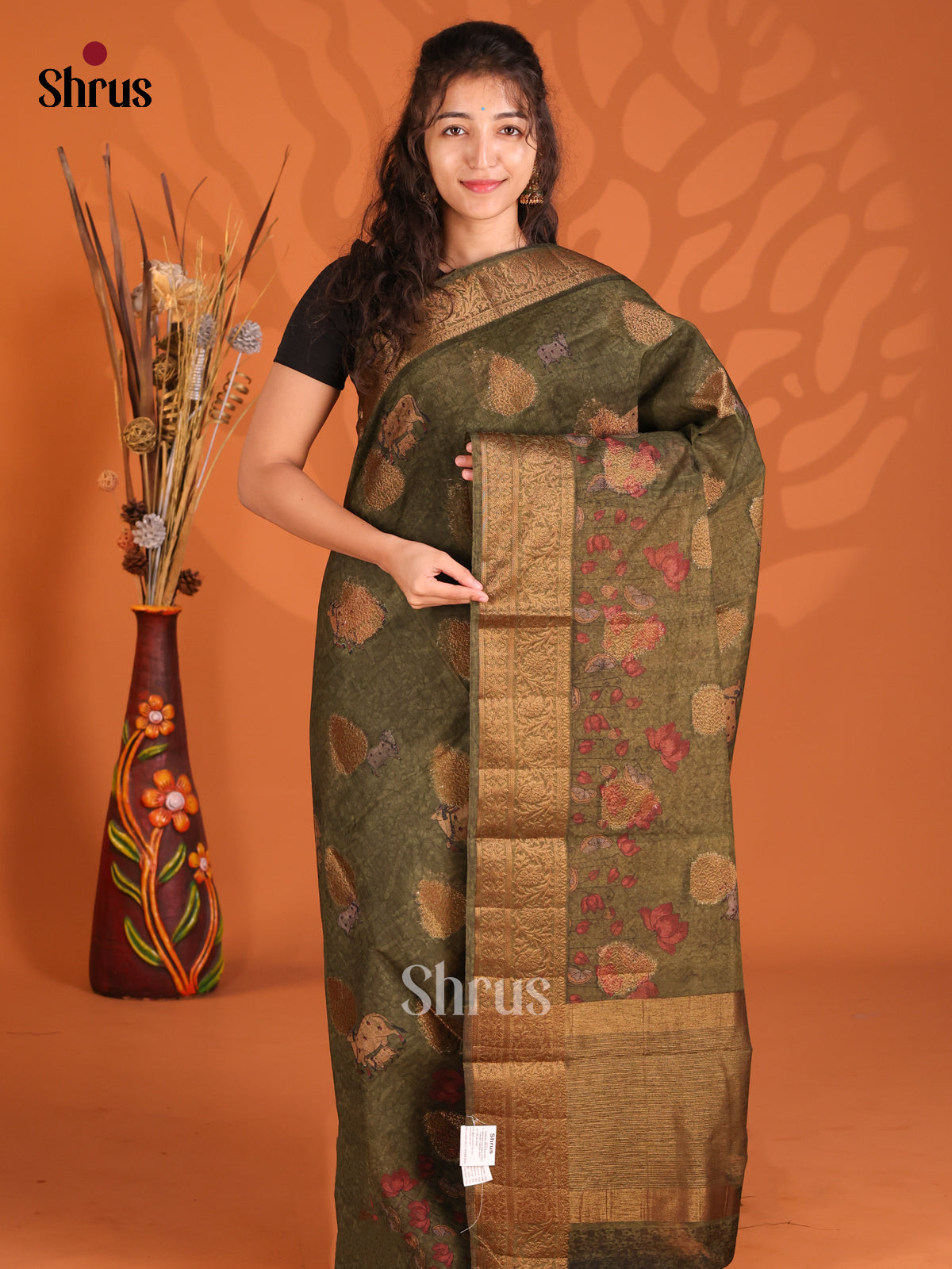 Green - Semi Linen printed Saree - Shop on Shrus.com