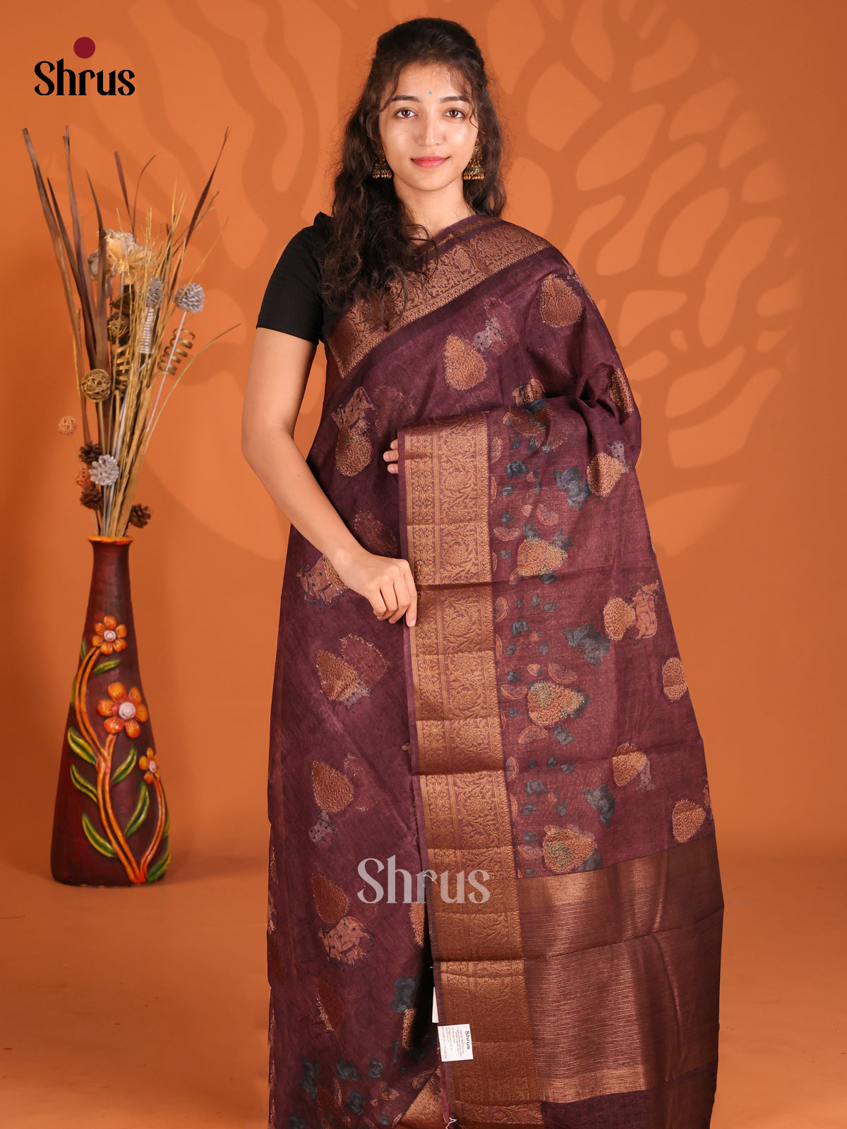 Purple - Semi Linen Printed Saree - Shop on Shrus.com