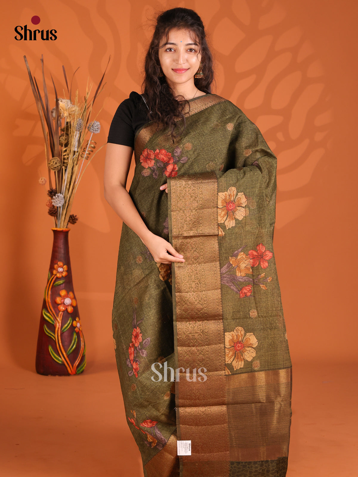 Green - Semi Linen Printed Saree - Shop on Shrus.com
