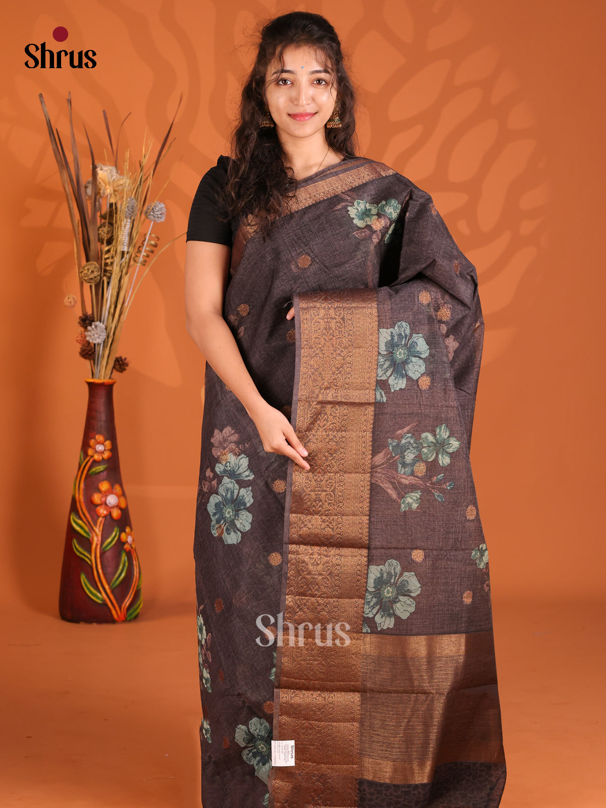 Black -Semi Linen Printed Saree