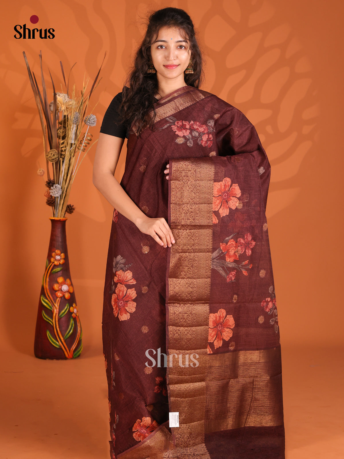 Brown - Semi Linen Printed Saree