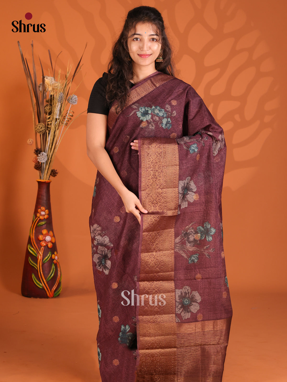Brown - Semi Linen Printed Saree