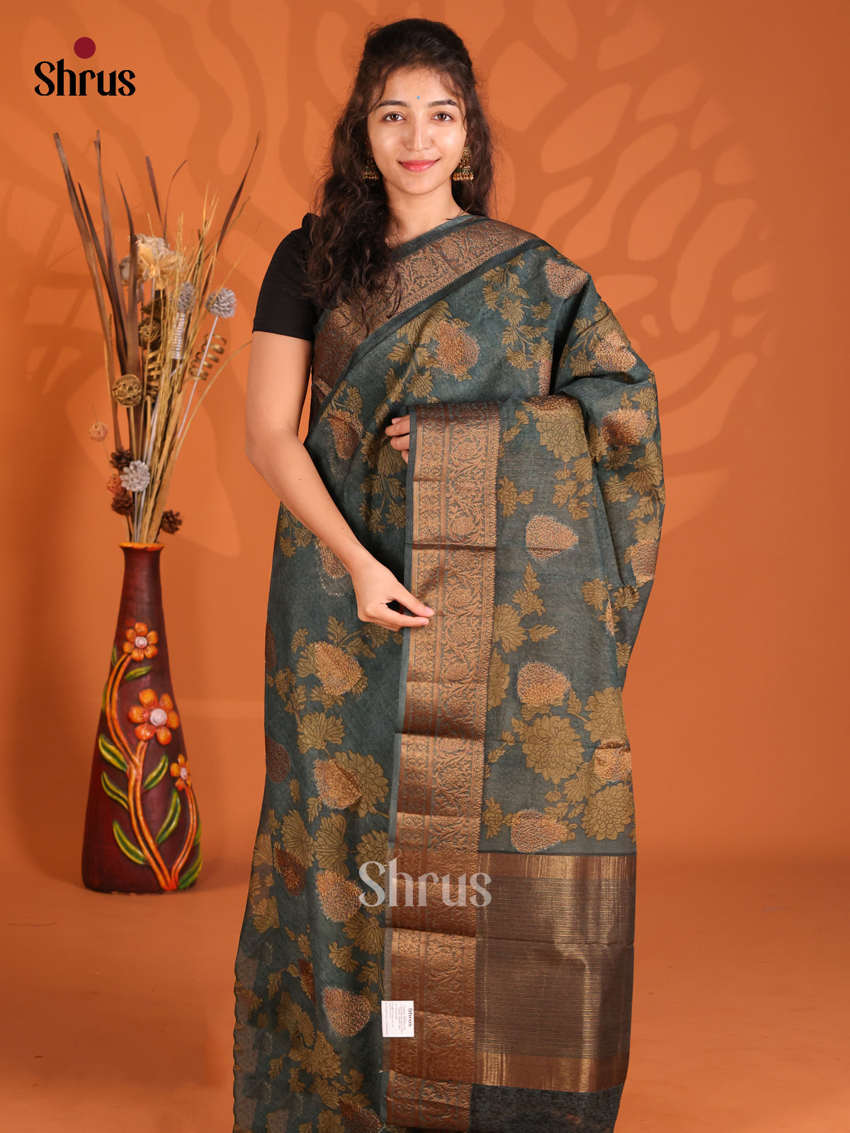 Peacock Green - Semi Linen Printed Saree - Shop on Shrus.com