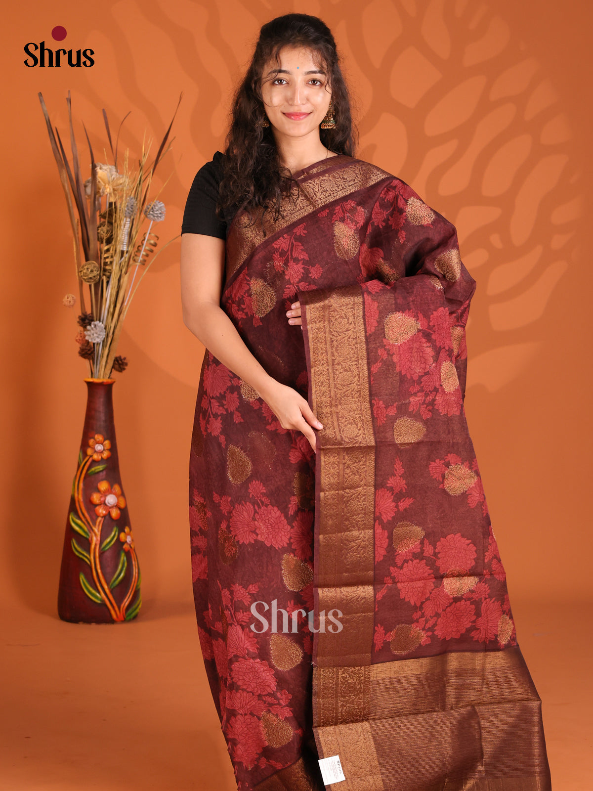 Brown - Semi Linen printed Saree