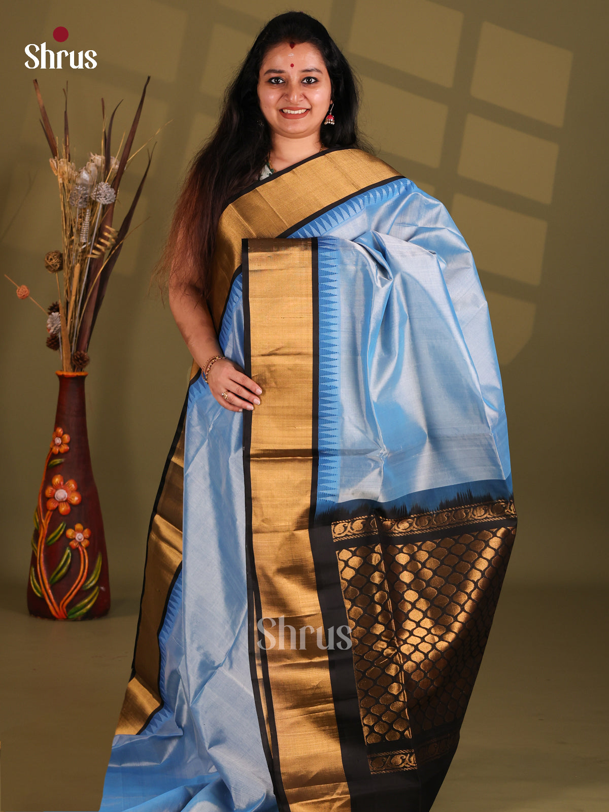 Light Blue and Black Silk Cotton Saree with temple border