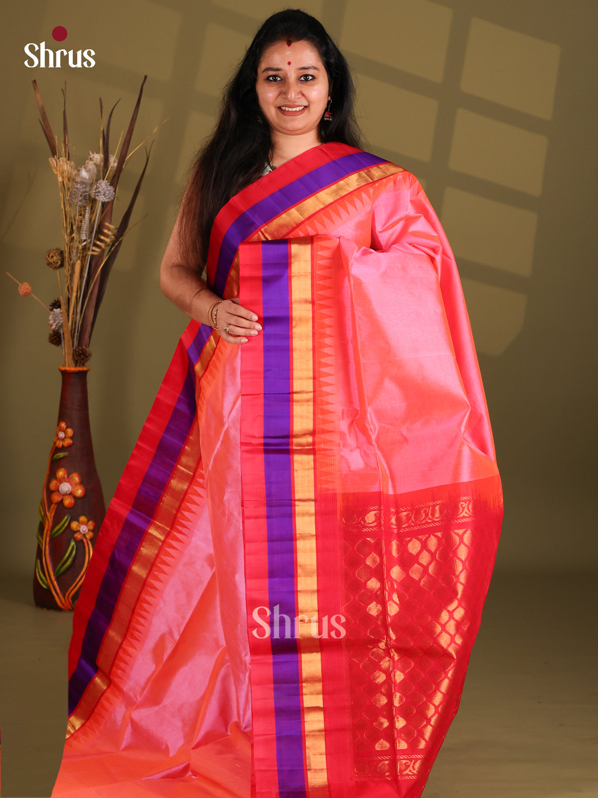 Pink and Red Silk Cotton Saree with temple border