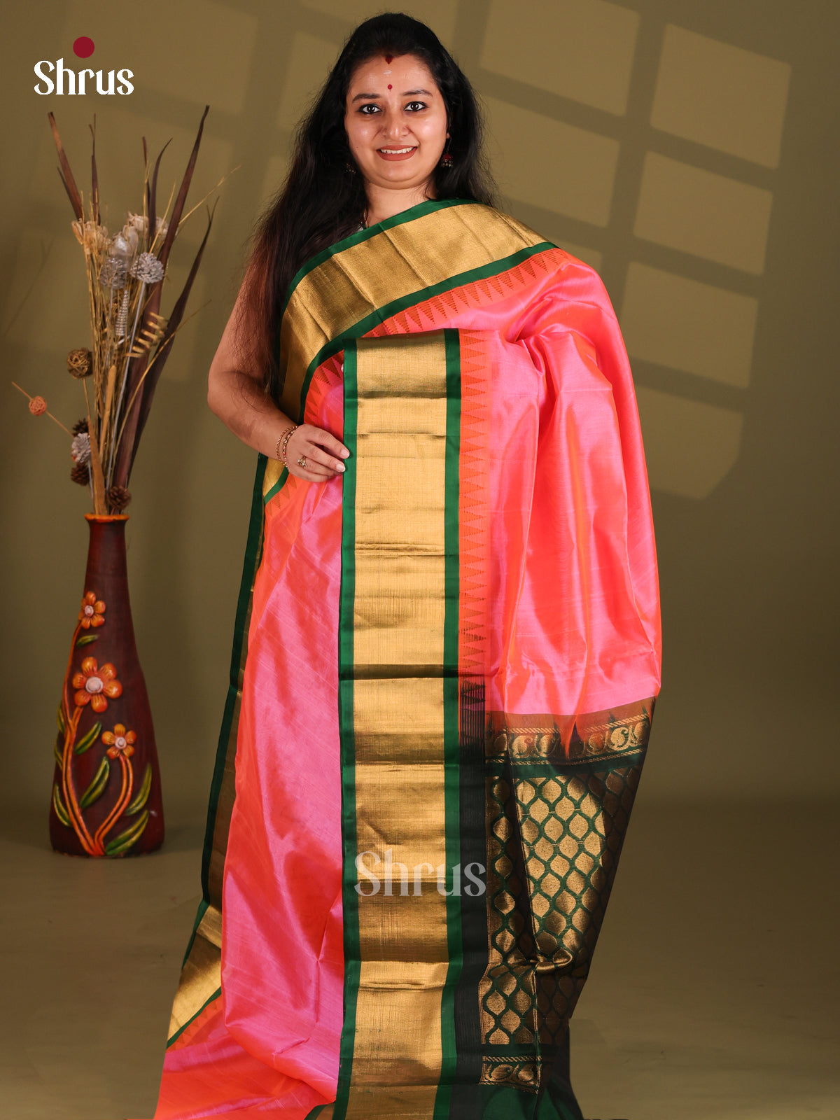 Pink & Green Silk Cotton Saree with Kaddi zari border - Shop on Shrus.com