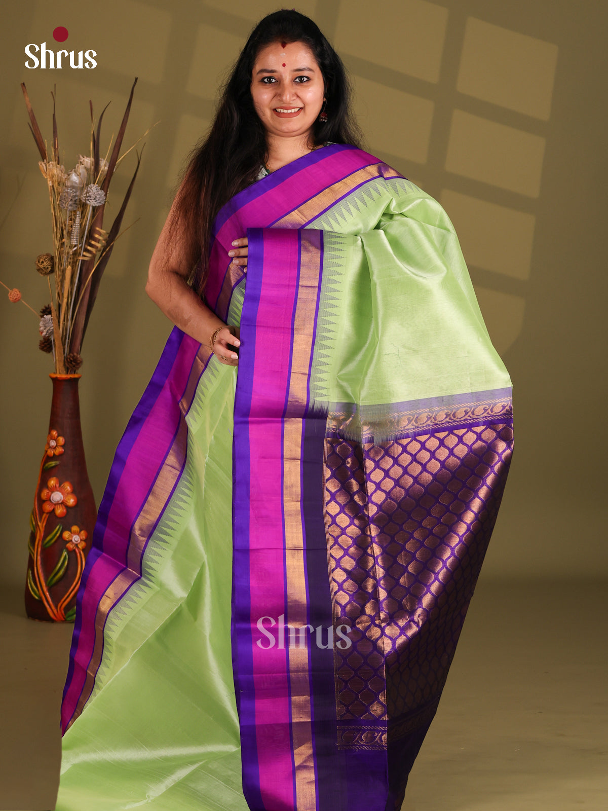 Pista Green and Blue Silk Cotton Saree with temple border
