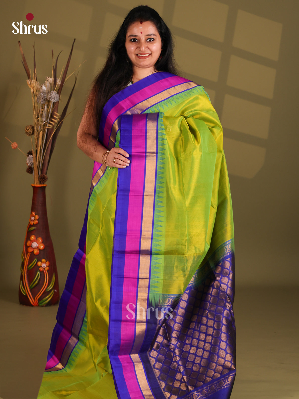 Green and Blue Silk Cotton Saree with temple border - Shop on Shrus.com