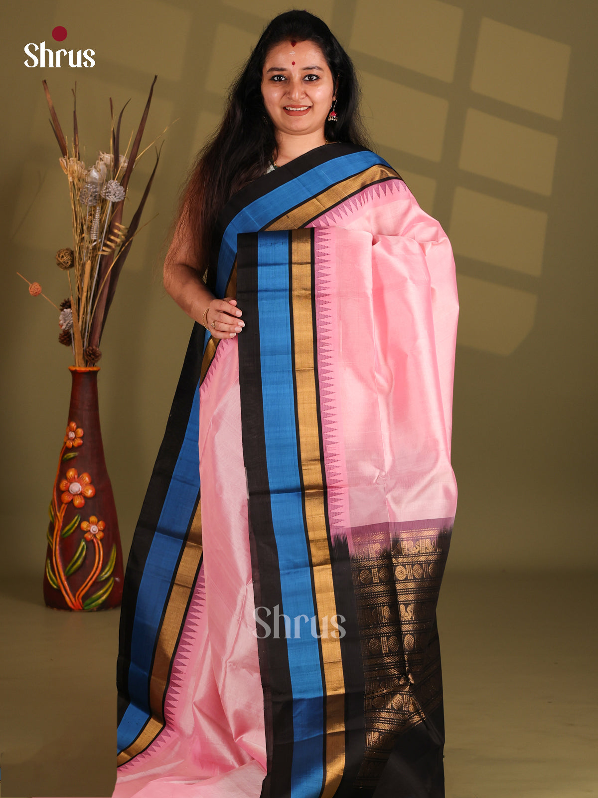 Pink and Black Silk Cotton Saree with temple border