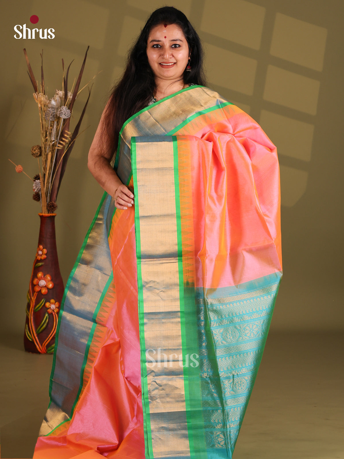 Peach and teal Silk Cotton Saree with Kaddi Zari Border - Shop on Shrus.com