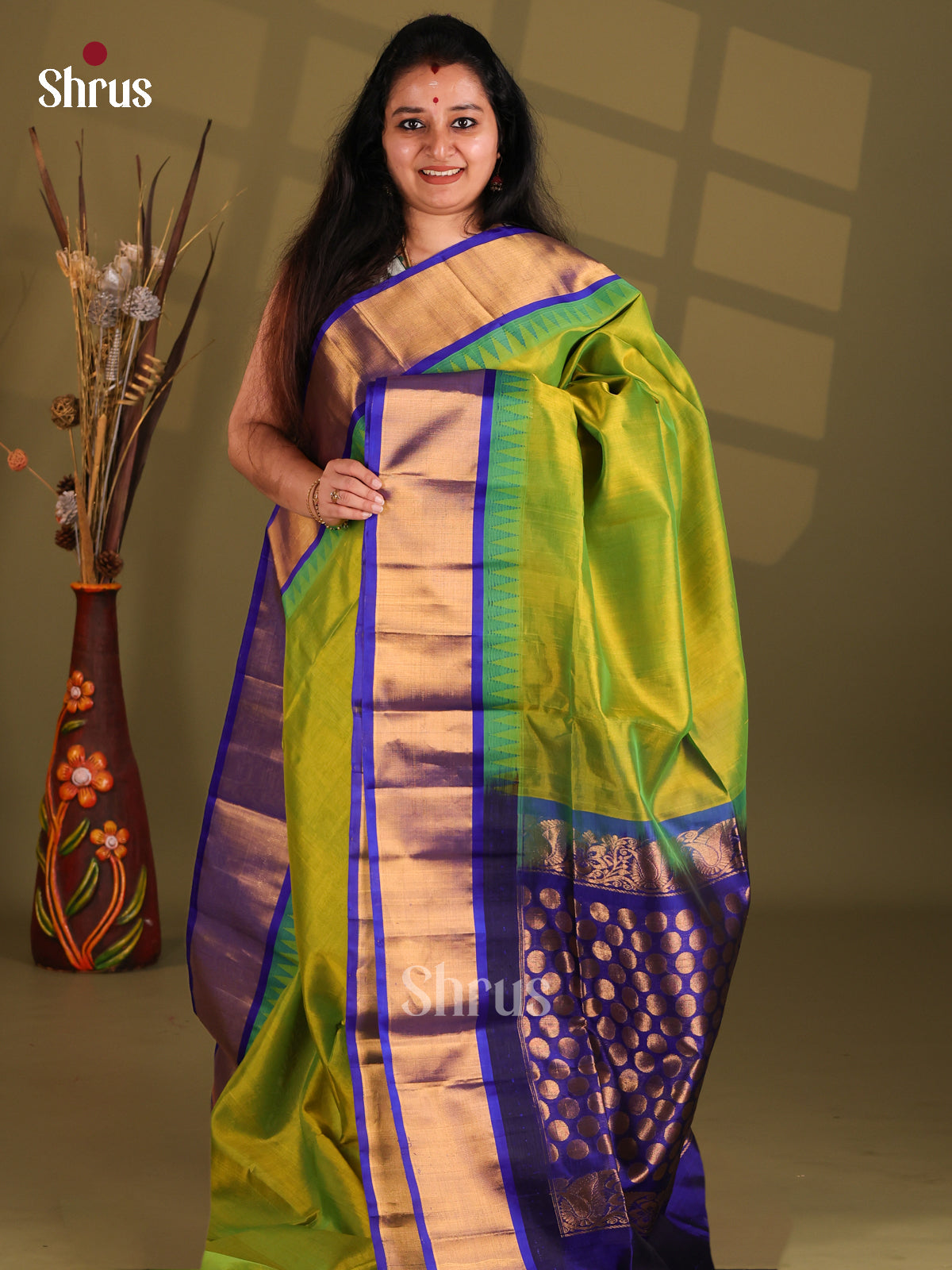 Green & Blue Silk Cotton Saree with temple border - Shop on Shrus.com