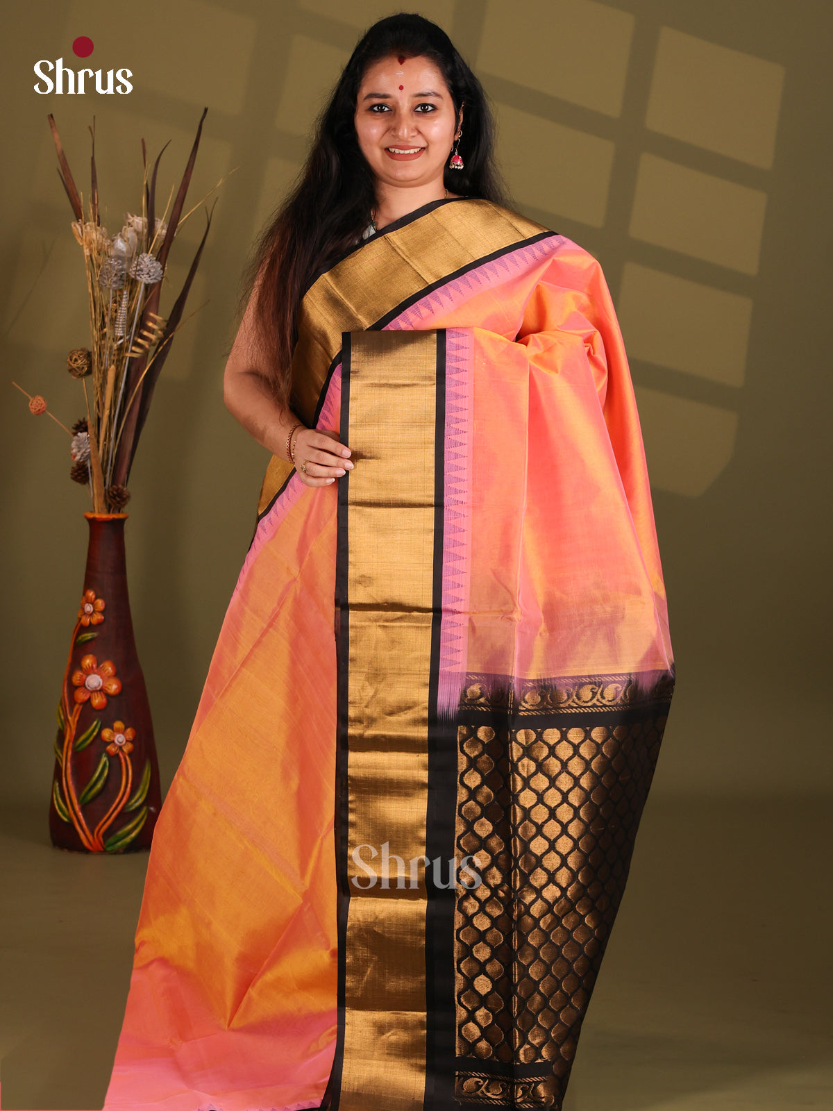 Peach and Black Silk Cotton Saree accenred with kaddi zari border - Shop on Shrus.com