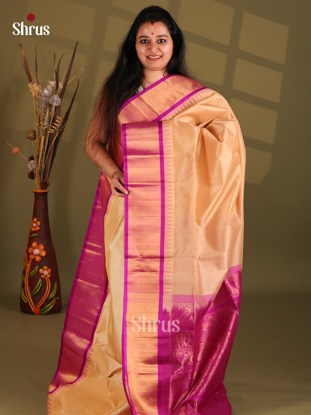 Peach and Majenta Silk Cotton Saree with - Shop on Shrus.com