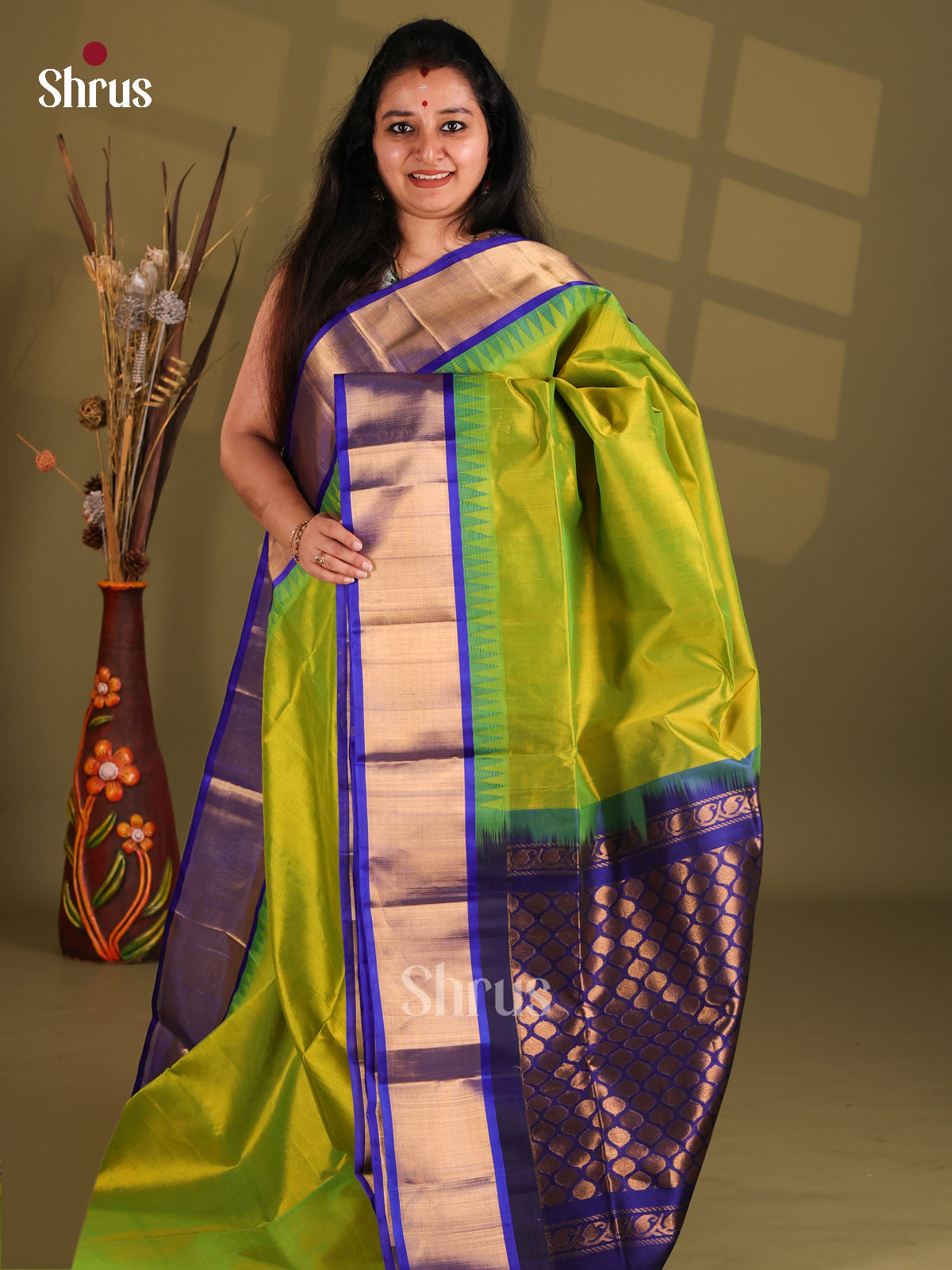 Green & Blue Silk Cotton Saree with tissue zari border - Shop on Shrus.com