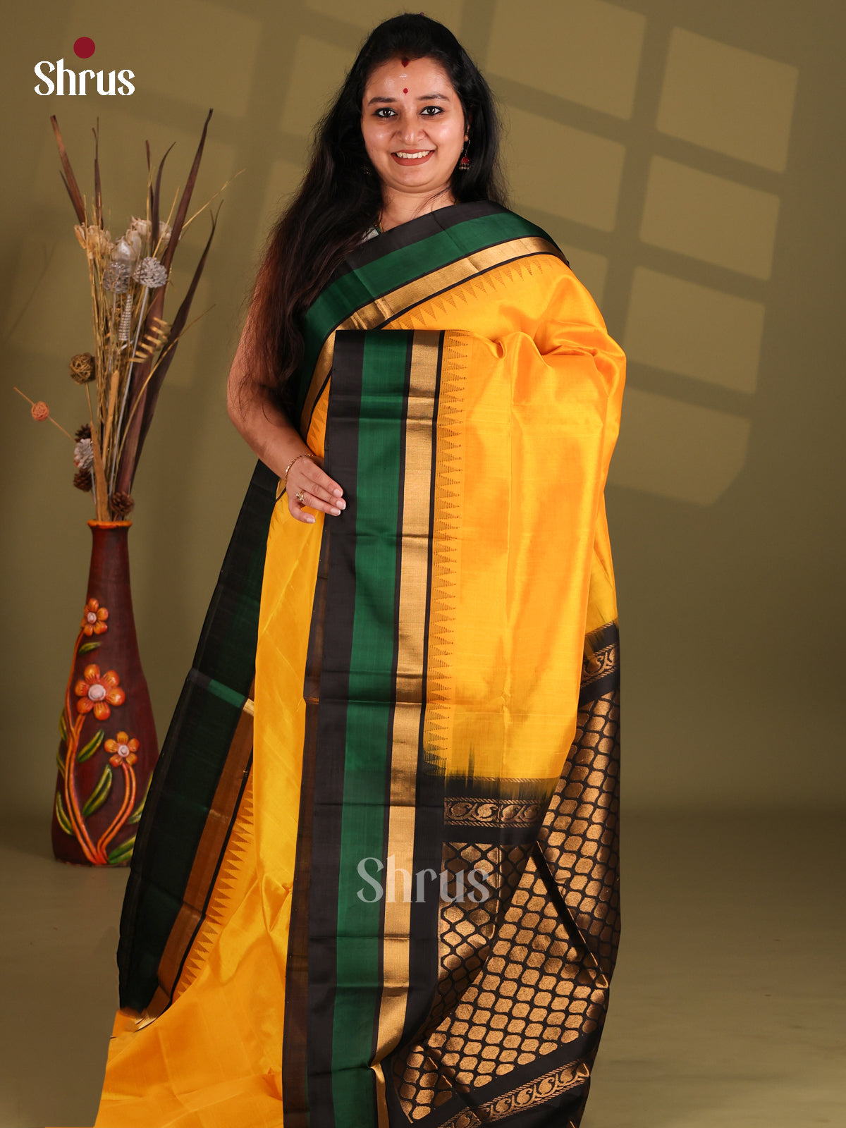 Yellow and Black Silk Cotton Saree with temple border - Shop on Shrus.com