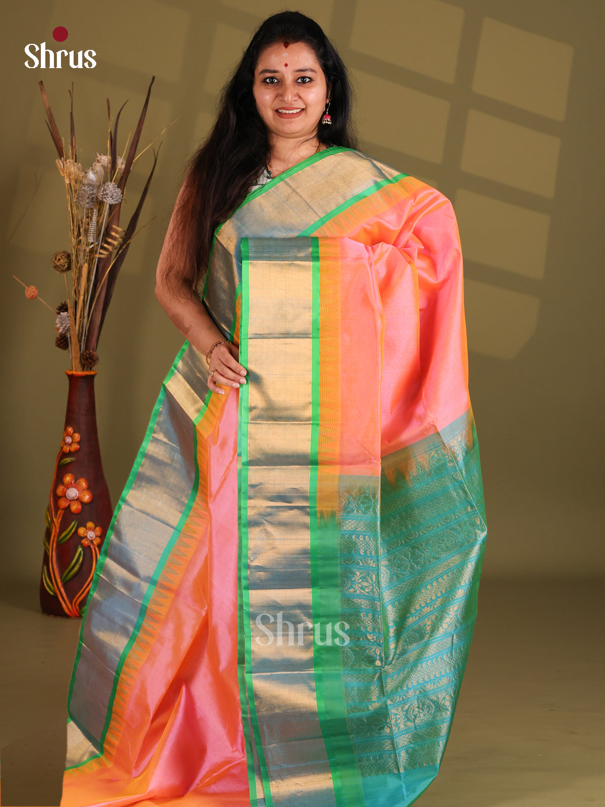 Peach and Teal Silk Cotton Saree with tissue zari border - Shop on Shrus.com