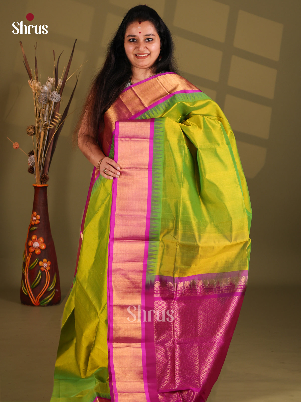 Parrot Green and Majenta Silk Cotton Saree with kaddi zari border - Shop on Shrus.com