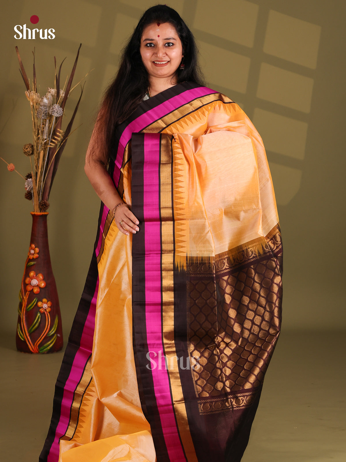 Peach & Brown Silk Cotton Saree with temple border - Shop on Shrus.com