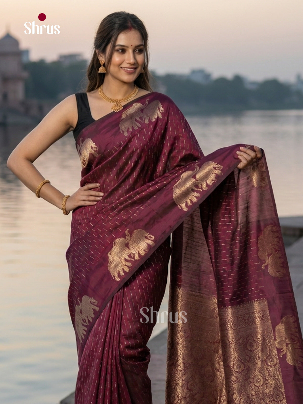 Wine(Single Tone)- Semi Softsilk Saree