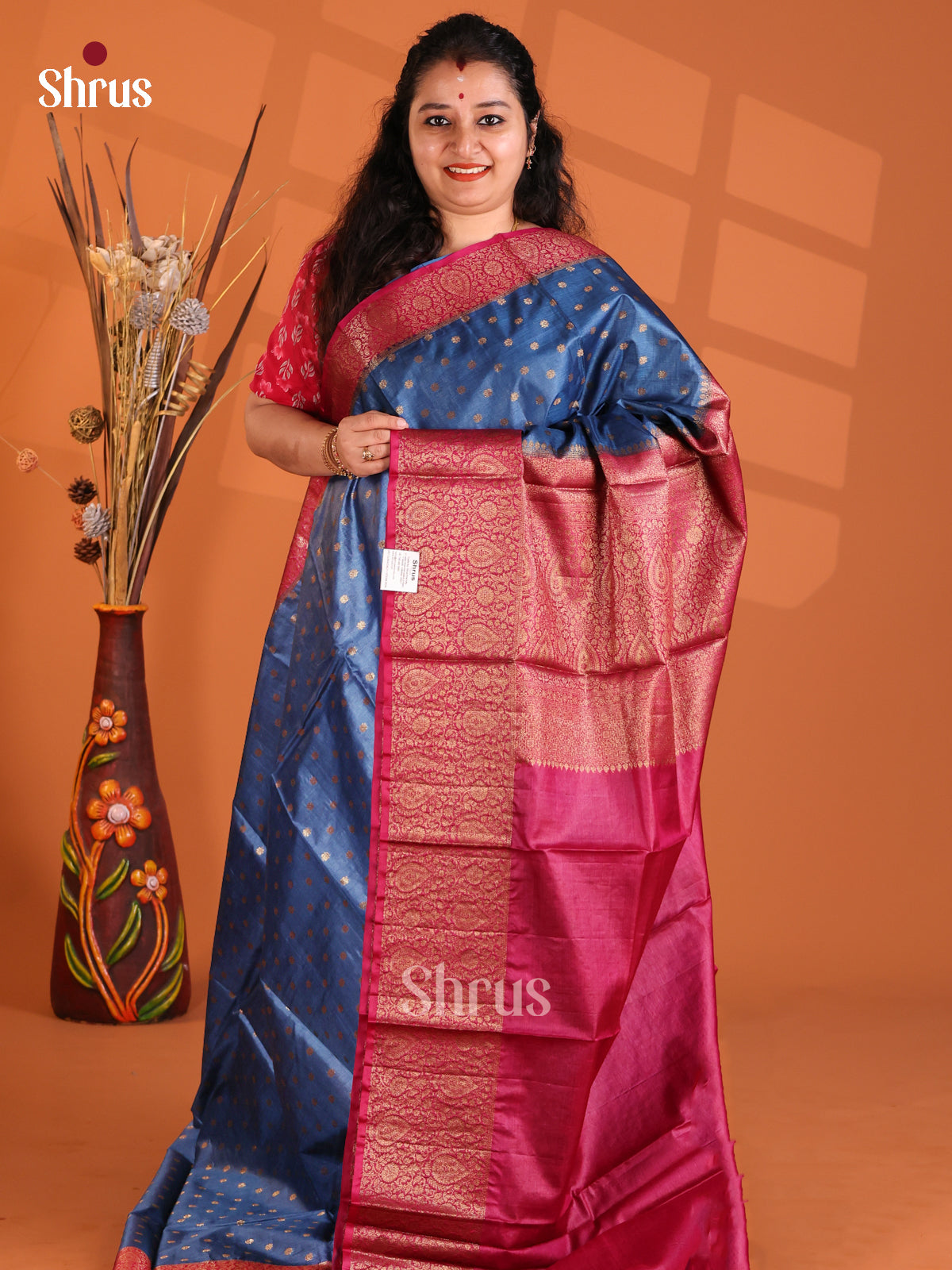 Blue & Maroon - Tussar Saree