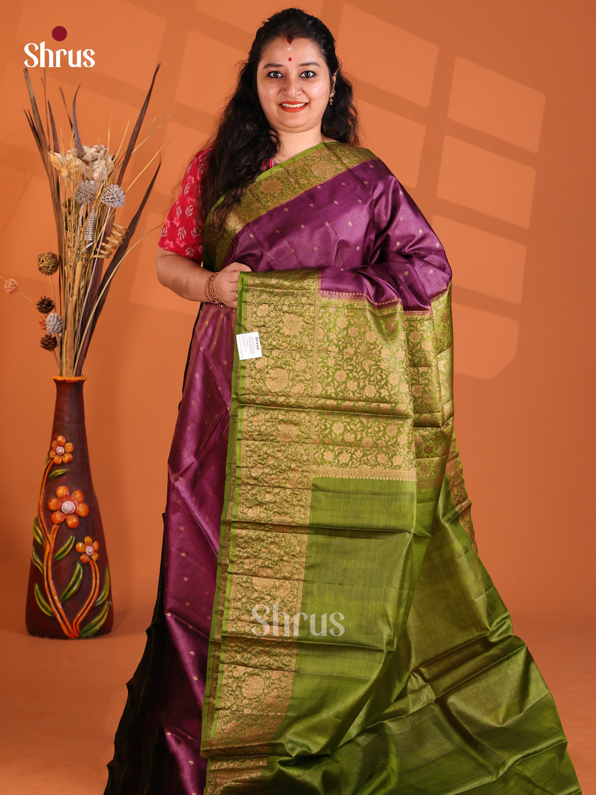 Purple & Green - Tussar Saree - Shop on Shrus.com