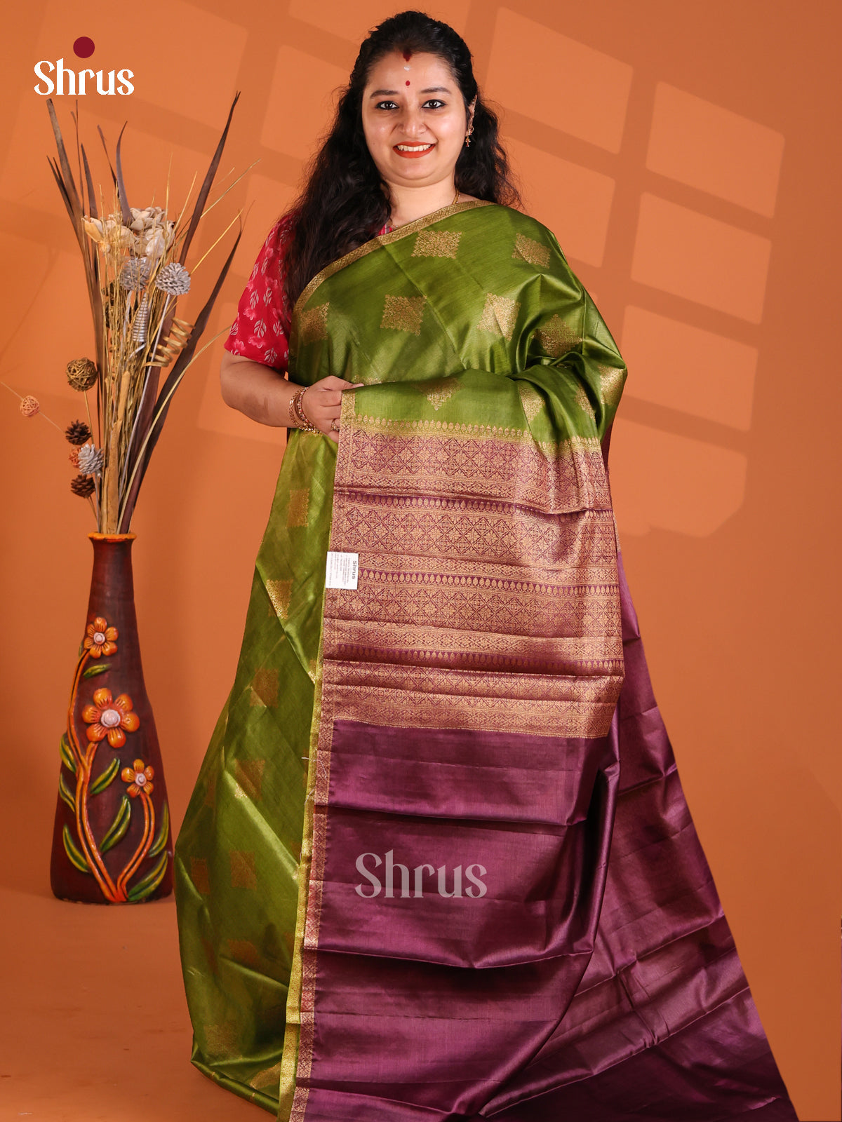 Leaf Green & Maroon - Tussar Saree - Shop on Shrus.com