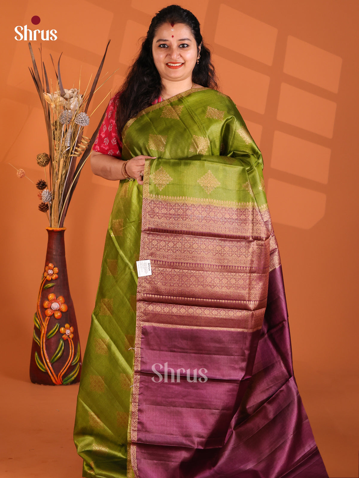 Light Green & Purple- Tussar Saree