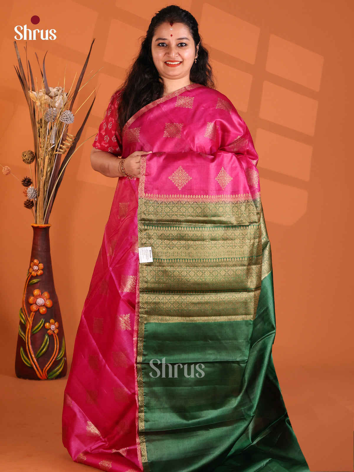 traditional Pink & Green- Tussar Saree